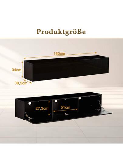 TV Cabinet, Wand Mounted Lowboard Cabinet 160x30.5x34cm, Zwart view 9