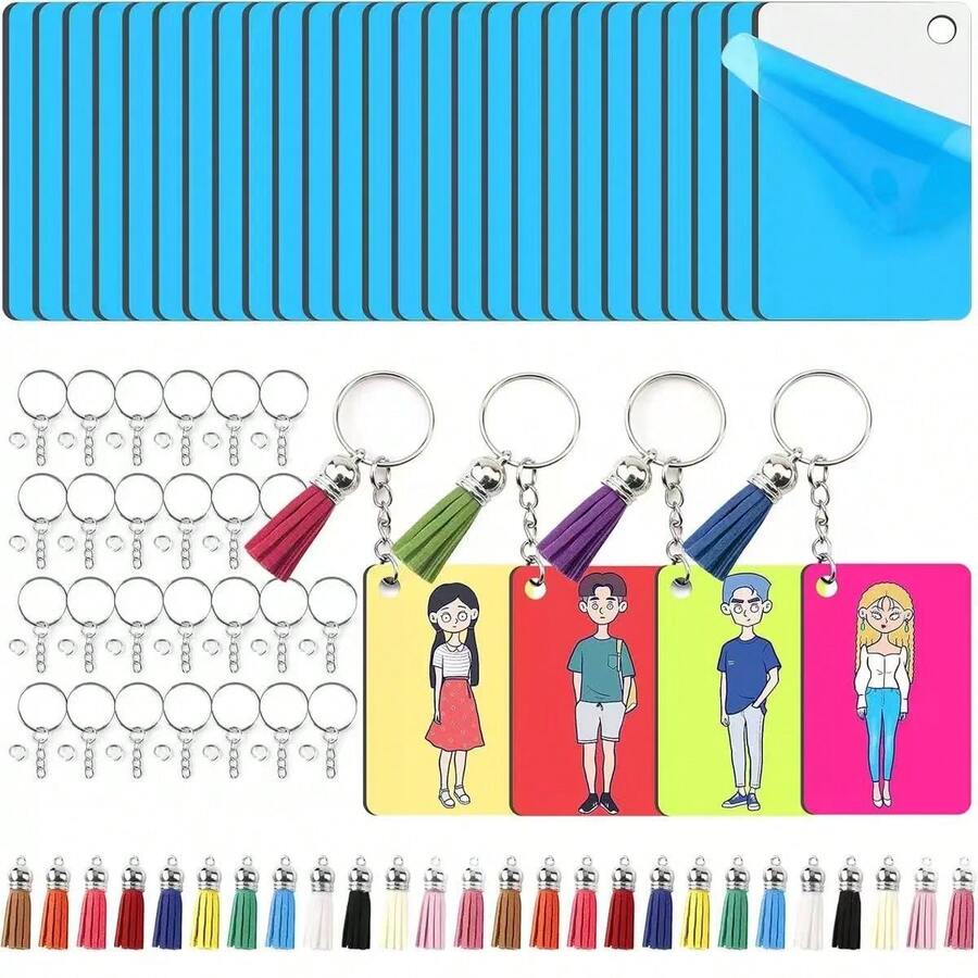 Sublimation Keychain Blanks Bulk 120 Pcs, Double Sided Sublimation Blanks Keyrings With Tassels Heat Transfer Keychains Blank Key Chains - trắng - Xem 1