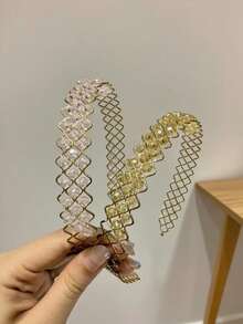 1件復古優雅大珍珠髮箍，金色方形復古珍珠髮飾，極簡精緻女性髮夾髮帶 - 網格水晶香檳色1pcs - 查看 4