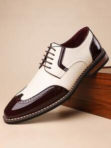 1 Pair Men's Pointed Toe Low-Top Contrast Color Brogue PU Leather Upper Rubber Sole Durable Business Casual Oxford Shoes, Suitable For Office & Daily Wear - Burgundy - View 11