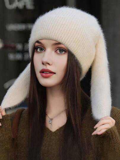 1 pieza Gorro de punto con orejas de conejo lindas, sombrero de calavera de conejo esponjoso para mujeres y hombres, regalo para clima frío de invierno y otoño, para esquiar, correr y viajar