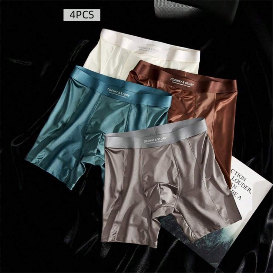 4 Packs Men's Flatfoot Underwear With Ice Silk, High-End Luxury Mesh Pore-Padded Breathable Four-Cornered Long Leg Pants