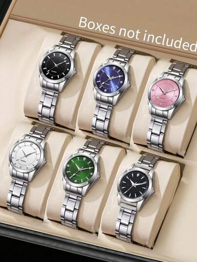 6pcs/Set Women's Petite Round Colorful Rhinestone Alloy Quartz Watches, Valentine's Day Gift, Couple Watches, Multiple Colors, Suitable For Daily Wear, Party, Birthday, Travel, School