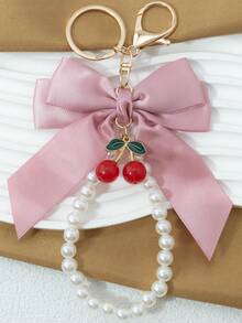 1 Elegant Faux Pearl Bracelet And Bow Decoration Keychain Pendant, Equipped With Creative Zinc Alloy Simulated Cherry Accessories, Fashionable Women's Bag Pendant, Suitable For Bag Chains, Mobile Phone Hanging Chains, Keychains, And Gifts For Friends' Mothers Christmas
