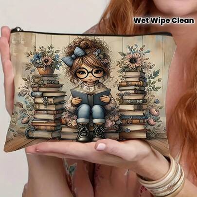 [Whimsical Cosmetic Bag] Lightweight Foldable Cosmetic Bag - Whimsical Book Lover Design Travel Makeup Organizer With Zipper Closure, Durable Fabric Toiletry Pouch For Women, Teachers, Friends - Perfect Gift For Readers & Book Enthusiasts