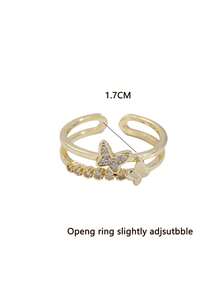 1pc Hollow Butterfly Double Layer Ring, Dainty Rhinestone Inlaid Adjustable Open Ring For Women