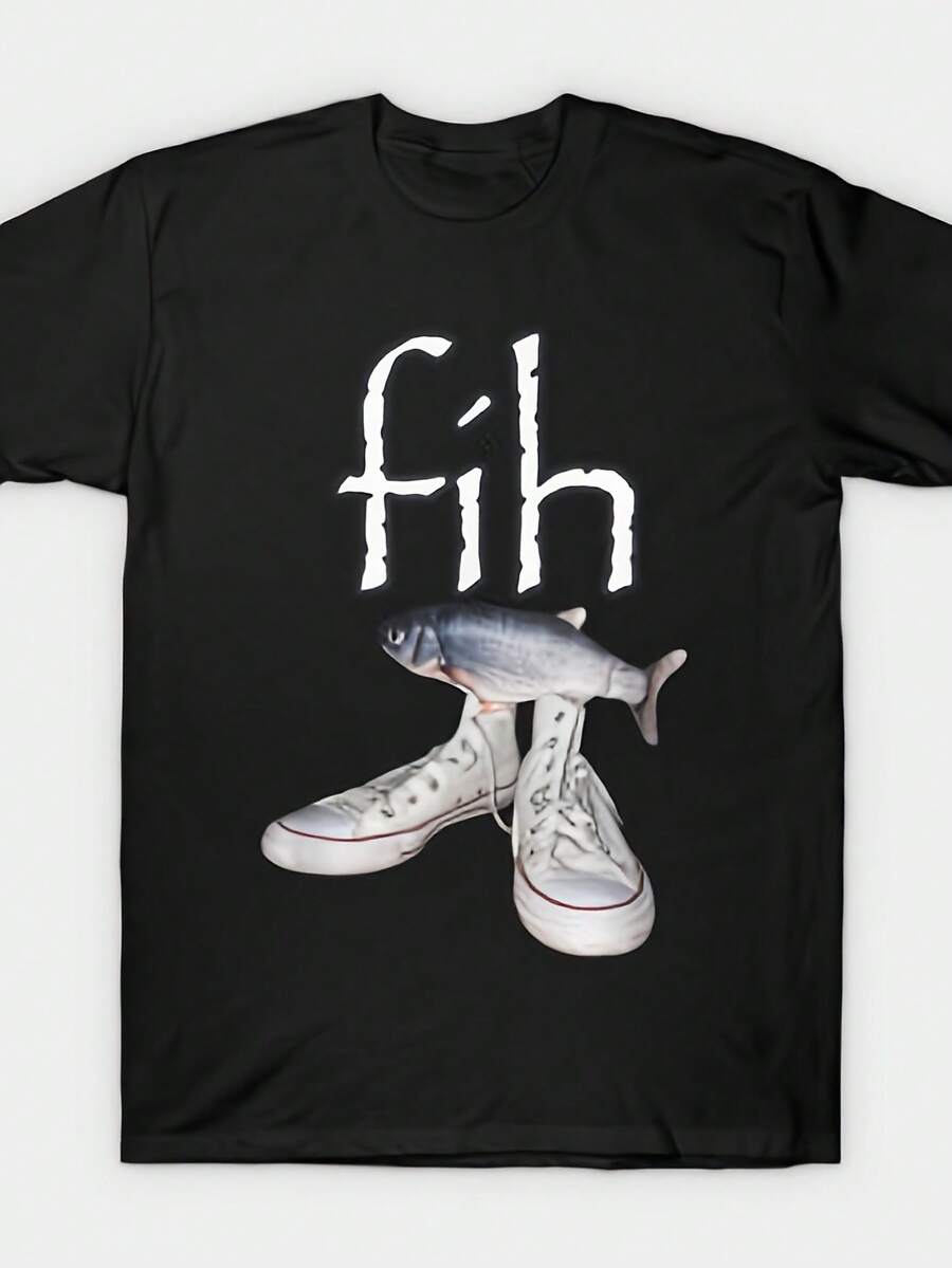 Camiseta gráfica Fih Text & Fish On Shoes - Camiseta de cuello redondo inspirada en memes humorísticos y extravagantes, algodón ultra suave, camiseta de manga corta transpirable para hombres, mujeres y adolescentes - Regalo perfecto de novedad, regalo de cumpleaños, regalo de vacaciones o ropa casual para amigos, familia y entusiastas de memes. - Negro - Ver 1