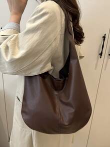 Sac à épaule/cabas en PU de couleur unie pour femmes, grande capacité - Café - Voir 6