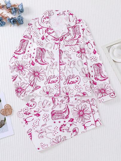 2pcs Prairie Print Women Plus Size Pajama Set, Soft Long Sleeve Shirt With Collar & Button, And Elastic Waist Loose Pants, Stylish Sleepwear For Daily, Holiday Party, Casual Home & Outdoor Wear