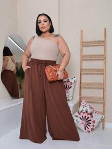 Maxi Pantalona Plus Size Without Slit Duna Fabric Elastic Waist - Rust Brown - View 4