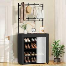 EZIFY 23-Inch 3-In-1 Luggage Organizer Black Metal Rack, 6/5 Shelves + 8 Detachable Hooks, Heavy-Duty, Space-Saving For Entryway