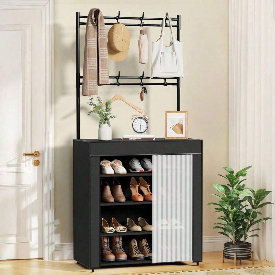 EZIFY 23-Inch 3-In-1 Luggage Organizer Black Metal Rack, 6/5 Shelves + 8 Detachable Hooks, Heavy-Duty, Space-Saving For Entryway