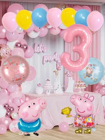 Peppa Pig Set di palloncini a tema Peppa Pig, con palloncini rotondi a forma di maiale in rosa e blu a doppia faccia da 18 pollici e palloncini in lattice misti a tre colori, abbinati a palloncini in film di alluminio digitali rosa di grandi dimensioni con numeri da 1 a 9, decorazione per feste di compleanno a tema George