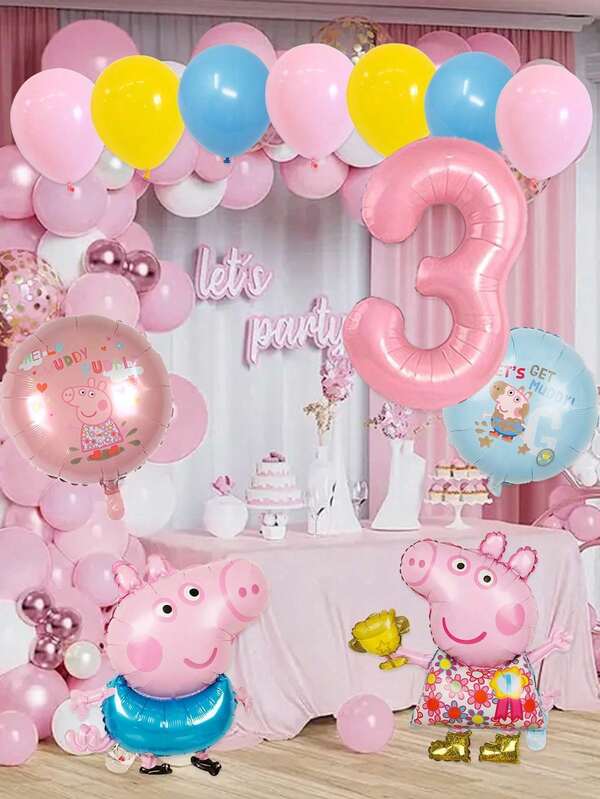 Peppa Pig Conjunto de globos de aluminio con tema de Peppa Pig, bolas redondas con forma de cerdo de 18 pulgadas con diseño de doble cara en rosa y azul, y globos de látex de tres colores mezclados, junto con globos de aluminio digitales de gran tamaño en rosa con los números del 1 al 9, decoración de fiesta de cumpleaños con tema de George