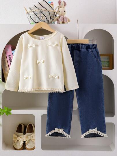 2pcs/Set Boho Style Young Girl Chic Minimalist Bowknot & Tassel Decor Round Neck Long Sleeve T-Shirt Top And Elastic Waist Tassel Decor Jeans Pants Suit