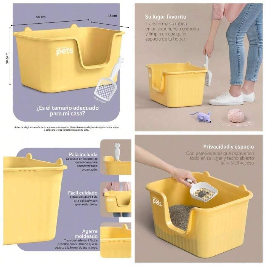 Arenero Inodoro para Gato Caja de con Pala, Paredes Altas Verde, - Amarillo + Regular - Ver 1
