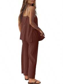 2 Piece Linen Set Summer Travel Beach Vacation Outfit Sexy Spaghetti Strap Tank Top And Pants With Pocketshalloween - Dark Brown - 查看 8