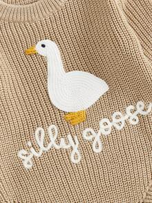 Newborn Infant Cute Goose Letter Embroidery  Romper Jumpsuit Baby Knitted Sweater Long Sleeve Round Neck Rompers Newborn Girl Boy Goose Funny Romper Reveal Pregnancy Announcement Clothes - 卡其色 - 查看 4