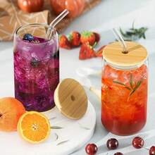8pc, Glass Cup With Bamboo Lid And Glass Straw+Straw Brush, Exquisite Glass Cup, Essential For Furniture And Kitchen, Party Supplies, Straw Cup Perfect For Soda Water, Boba Tea, Iced Coffee Cup, 18.7oz - 8PCS - View 8