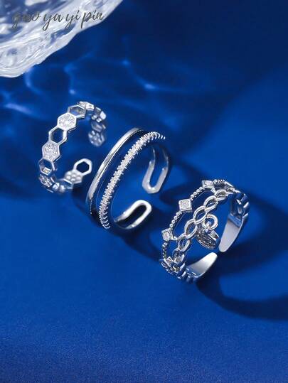 3pcs/Set Fashionable Open Cubic Zirconia Butterfly, Heart & Line Design Ring Set, Personalized INS Style Rings, Multiple Colors Available, Suitable For Women's Daily, Festival, Party Wear Or Gift