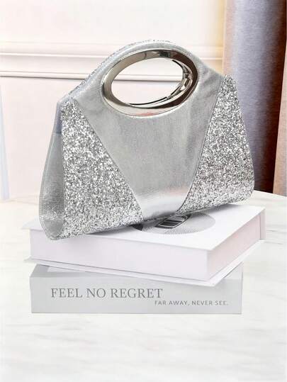 Bolsa feminina brilhante com decoração em metal. Uma bolsa de noite com lantejoulas e materiais emendados em ambos os lados. Adequada para festeiras, mulheres e noivas. É a escolha perfeita para festas, casamentos, bailes de formatura, jantares/banquetes. É muito elegante para mulheres.