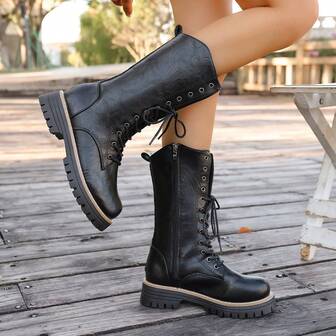 2025 New Arrival Women's Faux Thermal Lined Boots, Chunky Heel Mid-Calf Boots, Petite Flattering Short Boots, Western Style Metal Eyelets Lace-Up Side Zipper, Holiday