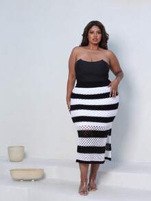 Plus Size Midi Skirt With Openwork Fabric In Modal Knit, Elegant, Casual - Black With White - View 9