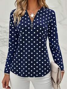 Camiseta estampada de moda para mujer, top de manga larga con cuello en V casual, diseño con cremallera, cómodo y elegante, lavable a máquina - adecuado para uso diario y ropa de estar en casa, ropa de mujer