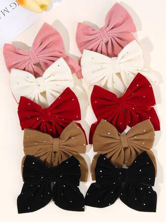 10 件装优雅天鹅绒蝴蝶结发夹，适合女孩，仿钻闪亮细节，秋冬日常发饰蝴蝶结发夹儿童发饰