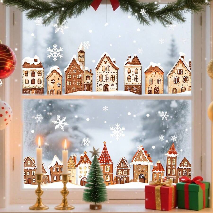 1/2pcs Christmas House Window Sticker, Static Adsorption Christmas Holiday Decorations, With Snowflake Pattern, No Residue Removable Home Door Glass Sticker, Easy To Apply PVC Christmas Decorations - Multicolor - View 1