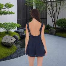 European And American Style Women's Short Dress 2025 Autumn Dress V-Neck Ruffle Sexy Strap Solid Color Backless Dress - 藏青色 - 查看 4