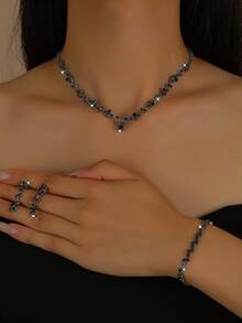 4pcs/Set European & American Cross-Border Necklace, Earrings, Bracelet, Earrings Jewelry Set, Fashion Versatile Bridal Accessories ,Summer,Jewellery,Festival,Accessories - Black - View 2
