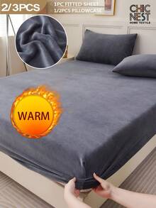 2/3pcs Gray Velvet Fitted Sheet Set Warm Soft Solid Fuzzy Fitted Sheet Bedspread Set King Queen Full Twin Size, Luxury Super Soft Cozy Comfy Bottom Sheet With 11.8" Deep Pocket,Suitable For Fall Winter And Spring 1Fitted Sheet+1/2Pcs Pillowcases