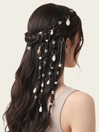 26pcs Women Woven Hair Scrunchies, Beach & Summer Vacation Woven Hair Clips, Starfish, Shell, Pearl, Fashionable & Unique Photo Props