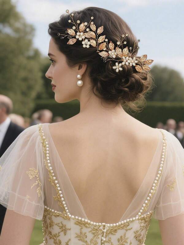1set Gold Leaf Bridal Hair Pins Wedding Headpiece Hair Jewelry With Pearl Rhinestone Wedding Hair Accessories For Bride Bridesmaids