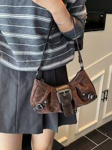 1pc Women's Retro Merlot Punk Motorcycle Bag With Rivets, Adjustable Strap, Large Capacity, Soft Faux Oiled Leather Ombre Color, Shoulder/Underarm Bag, Suitable For Work, Commute, Date, Party - Coffee - View 6