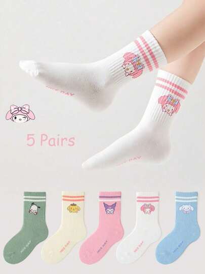 Sanrio 5 Pairs Of Macaron Colored Children's Socks, Paired With Cartoon, Midsole, Parallel Bars, College Style, Student Socks, And Daily Simple Casual Fashionable Socks, Crafted From & Breathable - Rich Material, Ensuring All