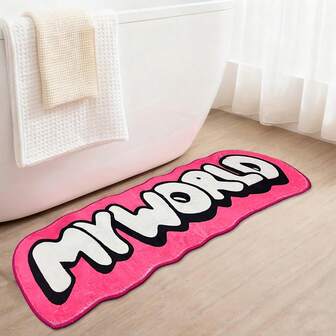 1 Pink And Black Letter Pattern Asymmetrical Shape Bathroom Floor Mat, Imitation Cashmere Material Is Soft And Comfortable, Silicone Non- Backing - Machine Washable, Soft Bedroom Living Room Decorative Mat, Suitable For Christmas, Thanksgiving, Father's Day, Comfortable And Eye-Catching Style, Home Embellishment Kitchen Rug