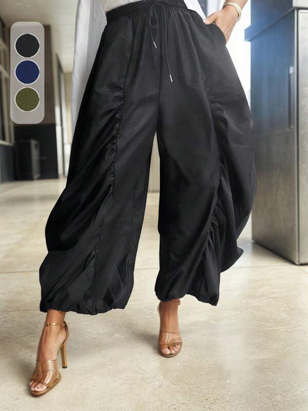 Vixey Ruched Wide Leg Drawstring Waist Woven Casual Office Pants | Business Casual Woman | Back To School Plus Size Drawstring Pleated Wide-Leg Pants | Adjustable Drawstring Waist, Side Pleat Design For Added Layering, Suitable For All Seasons, Casual & Comfortable Style, Tailored Cut To Flatter Every Body Shape, Perfect For Daily Outings, Office Commute, And Vacation Travel