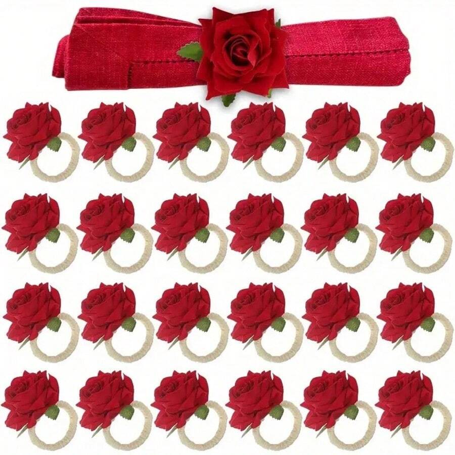 10pcs Rose Napkin Rings For Valentine's Day, Artificial Rose Napkin Rings, Handmade Flower Napkin Rings, Fake Rose Flower Napkin Rings For Wedding Table Decor, Suitable For Valentine's Day Party
