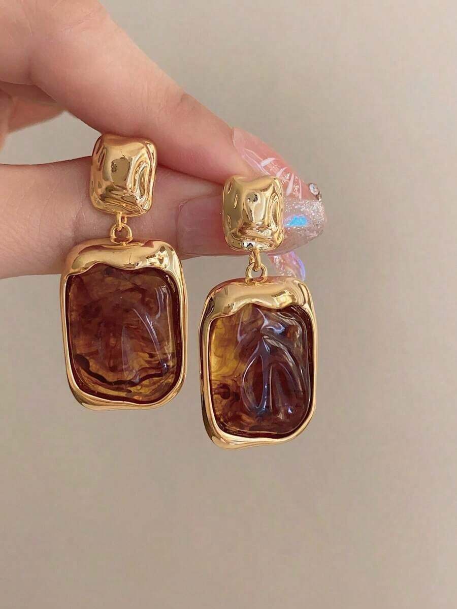 1 Pair Metal & Amber Geometric Exaggerated Retro Earrings For Women, Fashion Party Personalized Eardrops - Gold - View 1