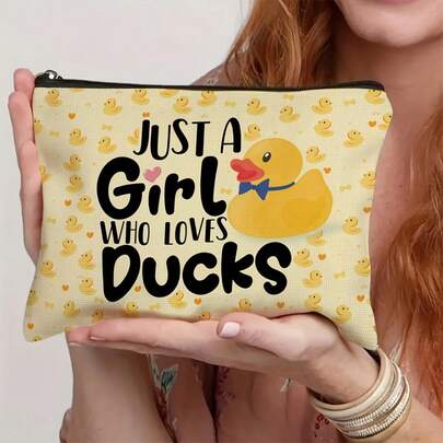 1pc Cute Duck Cosmetic Bag With "Just A Girl Who Loves Ducks" Design - Yellow & White Duck Pattern Makeup Pouch, Portable Travel Toiletry Organizer For Women, Girls, Duck Lovers (Birthday Gift For Daughter, Sister, Friends)