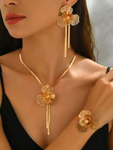 4件套优雅项链+耳环+手链首饰套装，时尚欧美夸张金属风格，创意几何镂空花朵、扁平蛇链、Y型流苏长项链，适合日常佩戴、宴会、庆典，百搭奢华礼品