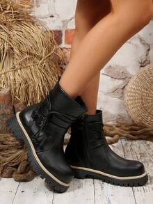 大码女式皮革圆头侧拉链扣带粗跟踝靴 - 黑色 - 查看 4