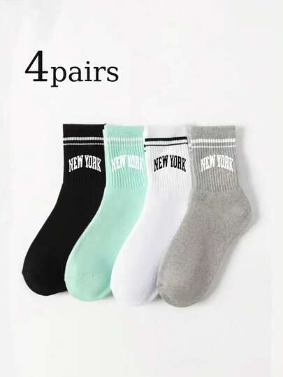 4 Packs New York Brooklyn Sports Socks - Black And White Contrast Bold Stripe, Unisex Mid-Calf Breathable Casual Wear Daily Comfort Durability Material For Fitness Enthusiasts, Workout Essentials, Urban