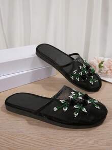 女士绿色刺绣穆勒拖鞋，露背一脚蹬平底鞋，优雅休闲室内/室外透气舒适拖鞋 - 黑色 - 查看 9