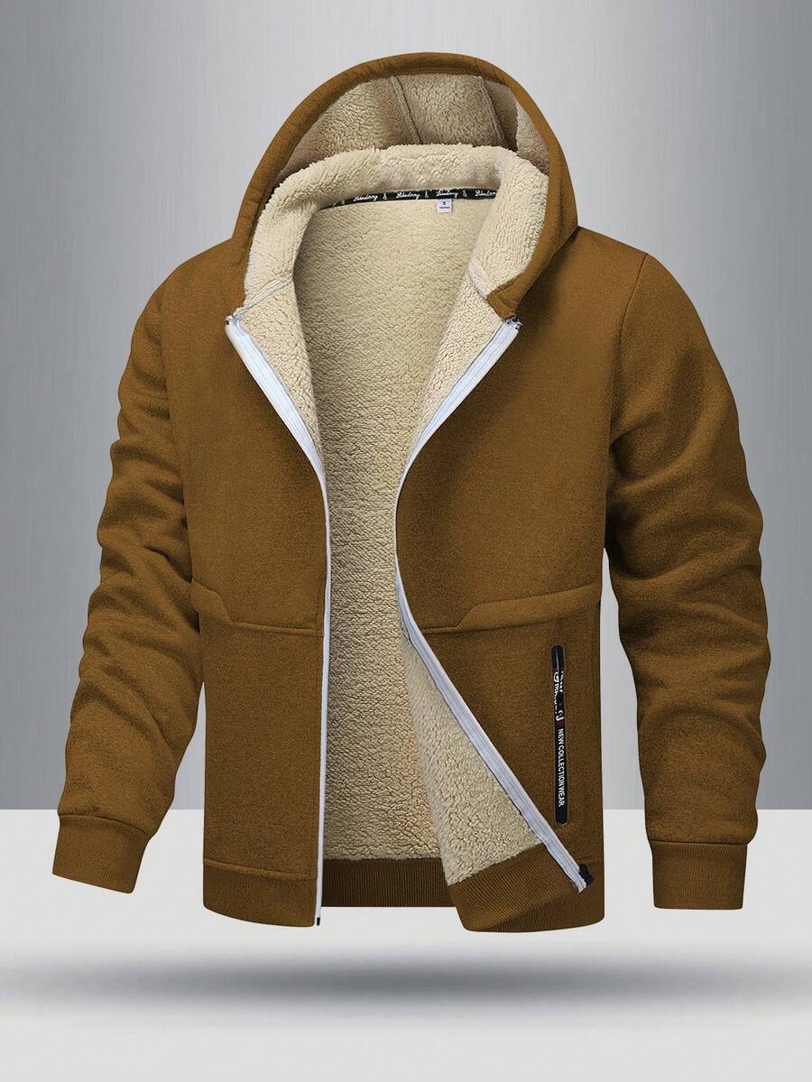 青少年冬季百搭简约罗纹袖口和下摆设计拉链口袋保暖内衬连帽运动衫夹克 - 棕色 - 查看 1