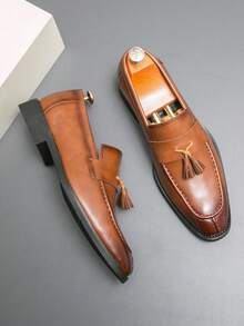 Giày lười nam tối giản có tua rua, giày da công sở lịch sự cho nam giới trẻ tuổi, giày slip-on màu trơn phù hợp cho đám cưới, hộp đêm, tiệc tùng, mặc hàng ngày và công sở. - màu nâu - Xem 1