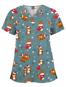 Nurse Uniforms Christmas Print Scrubs Tops Women Pet Hospital T-Shirt Healthcare Clinic Blouse Spa Uniform
