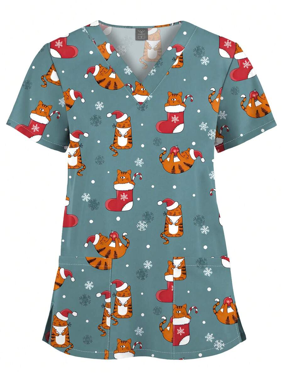 Nurse Uniforms Christmas Print Scrubs Tops Women Pet Hospital T-Shirt Healthcare Clinic Blouse Spa Uniform